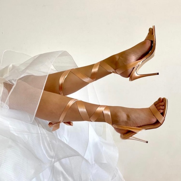 Lulu’s Gold Satin Lace Up High Heel Sandals - Picture 1 of 11